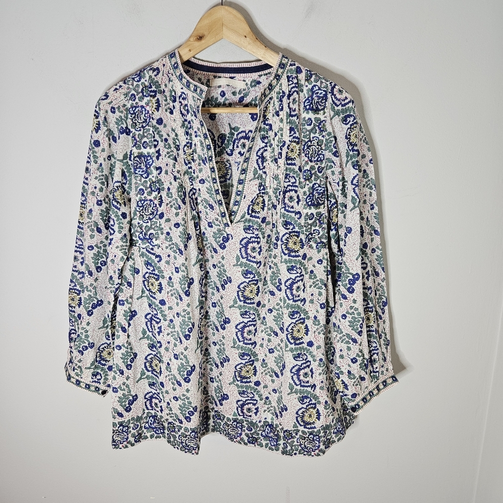Lola Australia Blockprint Pleated Floral Tunic Blouse Cotton Women's XS